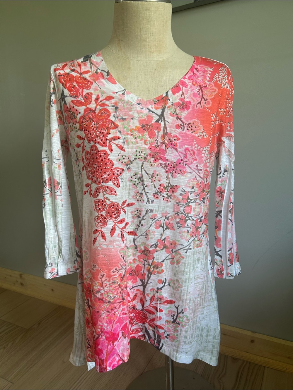 Style & Co. Pink Floral Long-Sleeve V-Neck Tunic
